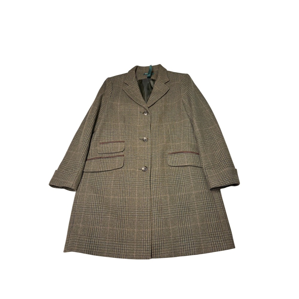 Lauren Ralph Lauren Wool Blend Glen Plaid Coat Brown Tan Leather Trim Size 16